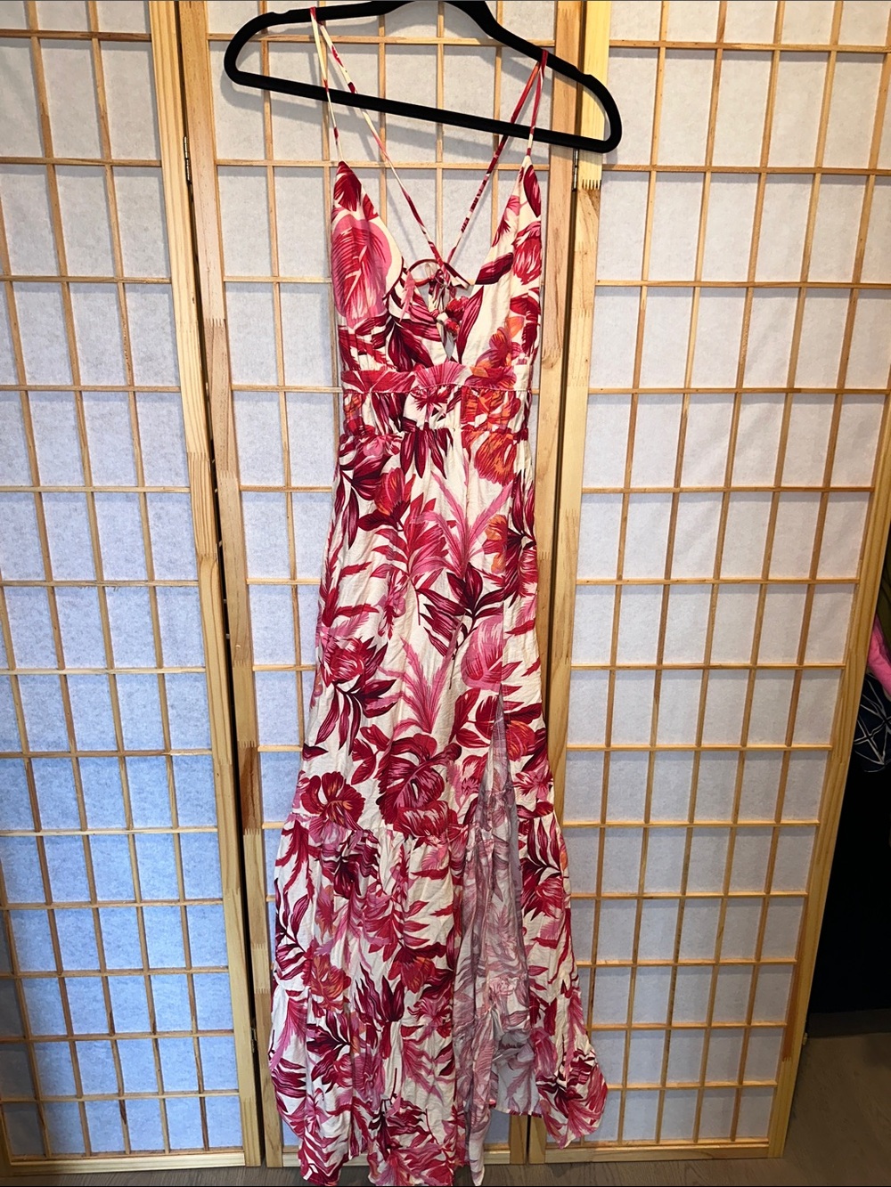 Pink Tropical-Print Maxi Dress with Spaghetti Straps